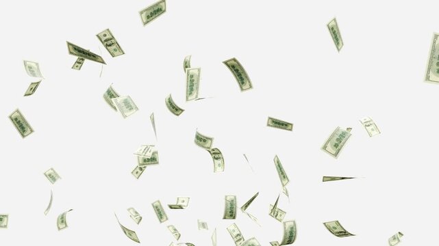 3d dollars bills falling down animation. Money rain alpha channel 4k video. Banknotes Money Flying. United States dollars falling Down transparent alpha channel .