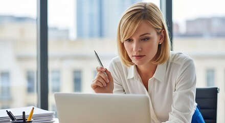 Woman with pen looking at laptop in office with papers and city view