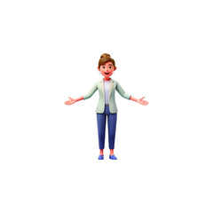 Friendly cartoon woman with open arms welcoming gesture and a cheerful expression isolated on transparent background
