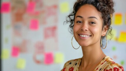 Smiling young woman of mixed ethnicity with curly hair, wearing floral attire, exuding positivity in a creative workspace.