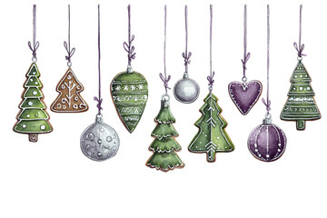 A watercolor illustration of multiple hanging Christmas decorations, such as gingerbread cookies in the shape and color of green pine trees isolated on a transparent background in PNG format.