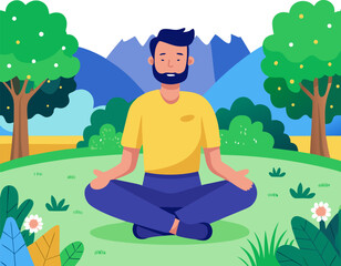Man doing deep breathing exercises in park, peaceful landscape icon