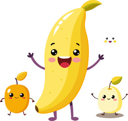 A cute banana character telling a pun-filled joke to a fruit audience icon