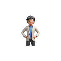 Friendly young man with curly hair wearing a light colored blazer and blue shirt standing confidently with hands on hips isolated on transparent background