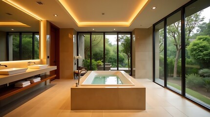 Luxurious bathroom with sunken bathtub and large windows