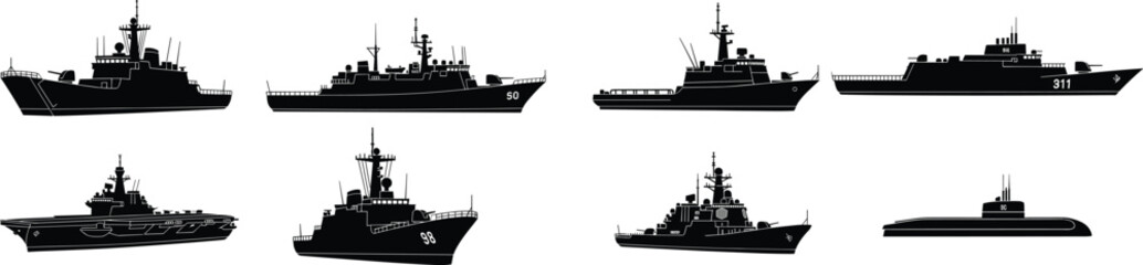 Collection of eight naval vessel silhouettes including submarine and warships, black-and-white vector illustration ideal for military and maritime themes ©  Creative Crafter