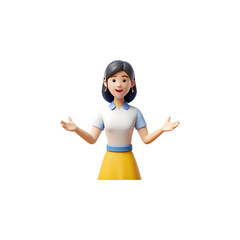 Friendly cartoon woman with open arms gesturing welcome or presentation isolated on transparent background