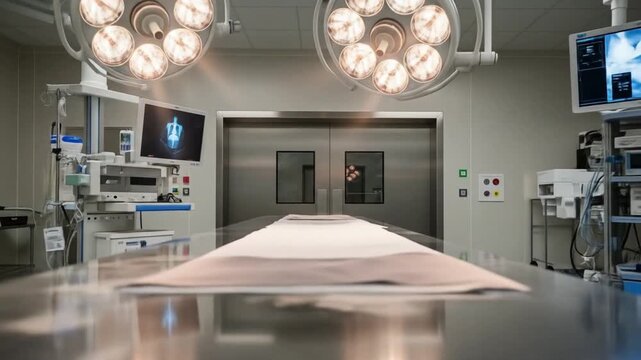 Operating room set up for surgery with bright lights. Ideal for medical, healthcare, surgical, hospital, and operating room related concepts.