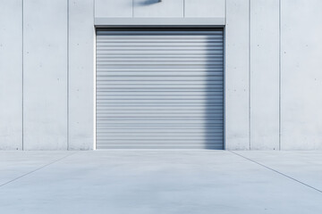 Modern industrial building facade with a closed roller shutter door, set against a neutral background, creating a sense of security and minimalism.