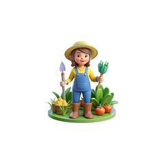 Charming cartoon farmer girl with straw hat and overalls holding gardening tools next to fresh vegetables and a basket of produce isolated on transparent background