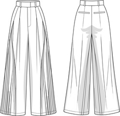 Wide-leg pleated pants illustration, high-waist fashion template, front and back views, tailored garment sketch, vector clothing design, stylish outfit