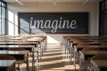 Inspiring classroom scene with desks and chalkboard displaying the word Imagine for back to school marketing and educational initiatives