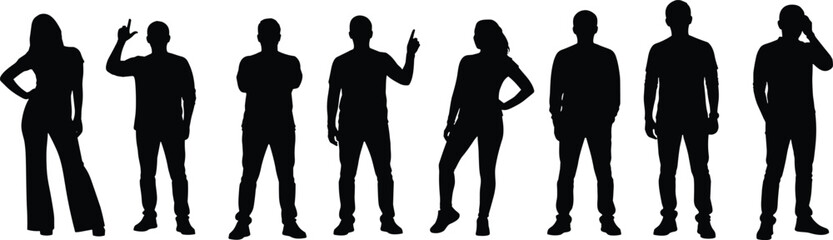 Minimalist vector silhouettes of diverse business professionals posing in varied gestures, teamwork, communication, and corporate identity concepts in black