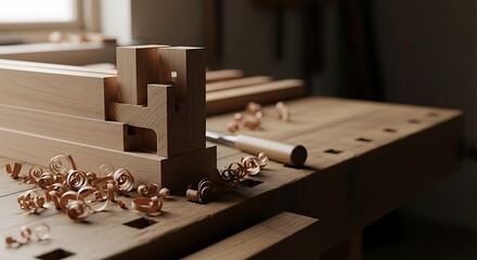 The art of fine woodworking. A detailed close-up of a precise wood joint on a carpenter's workbench with a chisel and shavings.