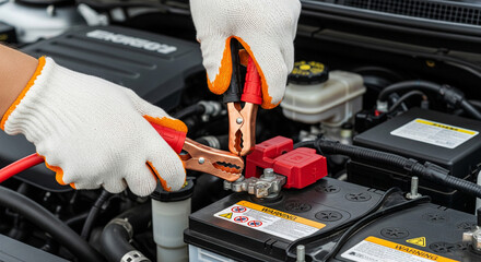 Car Battery Jump-Start by Mechanic in Auto Repair Shop During Daylight