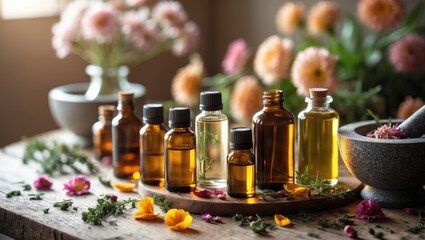 A collection of essential oil bottles with flowers and herbs, aromatherapy, natural remedies, and wellness concept.
