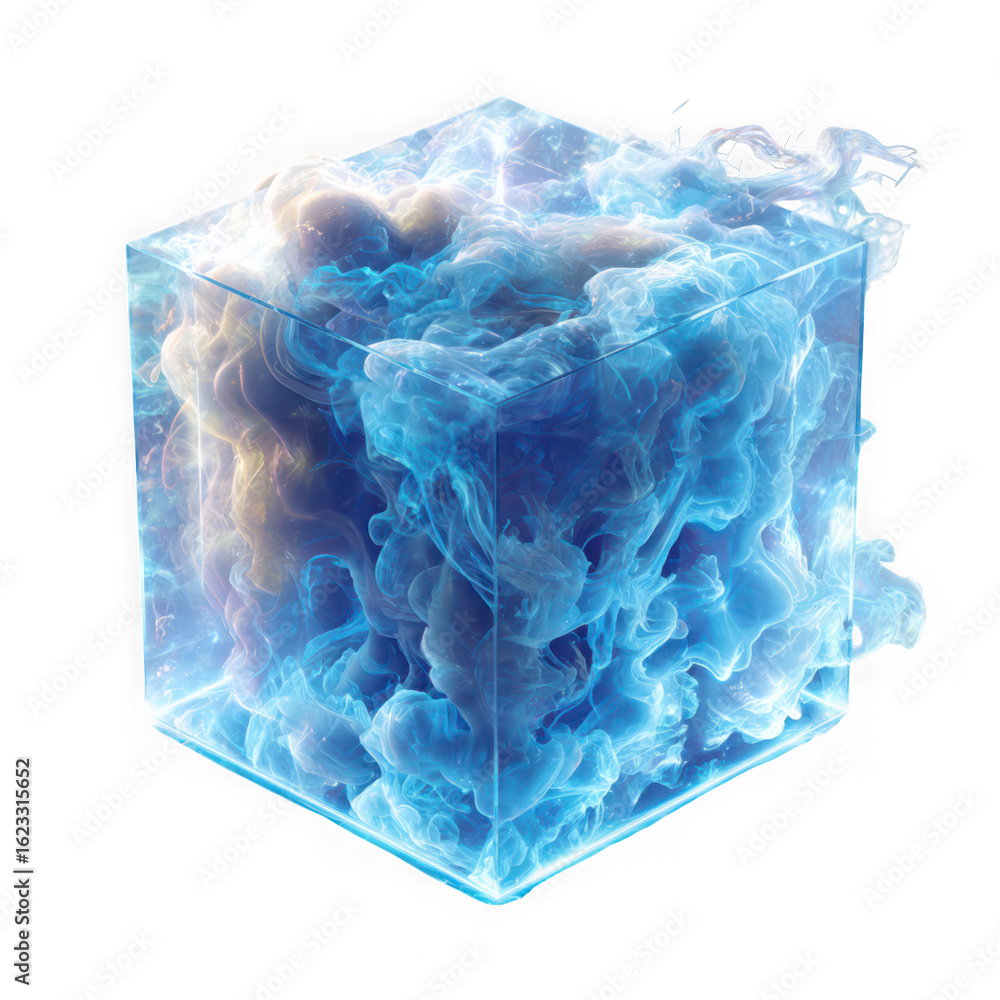 Poster abstract blue smoke inside a transparent cube creates a modern and artistic design element for backg