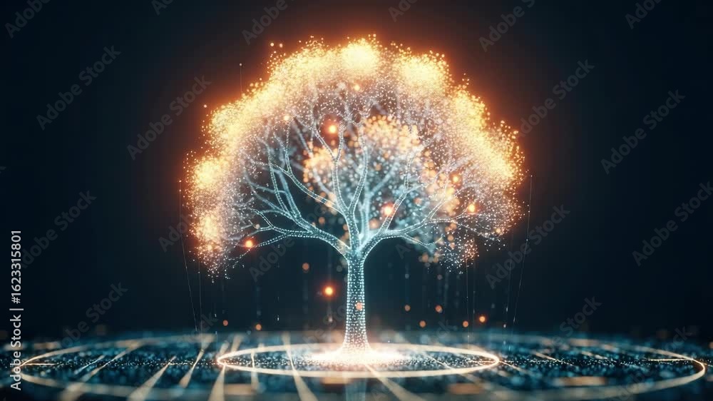 Poster a glowing digital tree with luminous branches stands on a futuristic grid symbolizing growth and tec