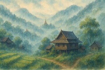 Serene mountain landscape with rustic houses.