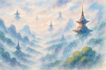 Serene mountain landscape with ancient architecture.
