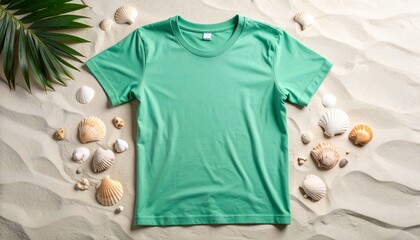 Top view of a blank green t-shirt mockup on a sandy beach. Summer vacation flat lay with seashells and a palm leaf for apparel design.