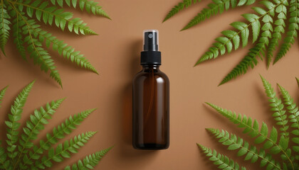 Amber Spray Bottle with Natural Green Fern Leaves on Brown Background – Organic Beauty Product Concept