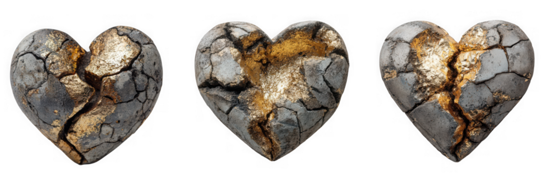 Three cracked heart shaped cookies with golden filling isolated on transparent background for valentines day