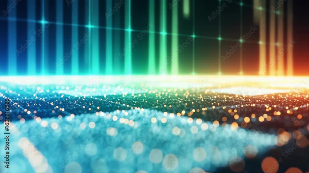 Poster a vibrant abstract representation of a digital landscape featuring shimmering particles and glowing 