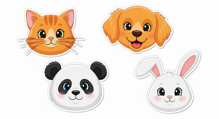 Fototapeta premium Adorable cartoon animal faces including a cute cat, happy dog, playful panda, and sweet bunny bringing joy to kids' products, educational resources, and charming designs for children