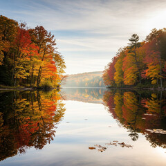 Obraz premium A serene view where trees stand tall along the water's edge, their mirror image perfectly reflected in the still, glassy surface—a peaceful harmony between nature and tranquility.