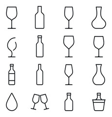 Minimalist icon set of wine glasses and bottles on dark background