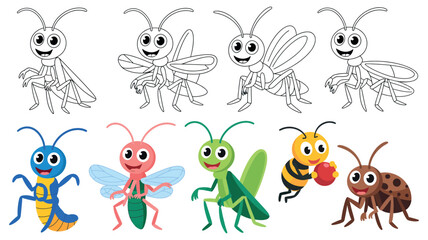 Naklejka premium Collection of cartoon insects with smiling faces and black outlines for kids 