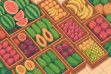 Colorful fruit display in market baskets.