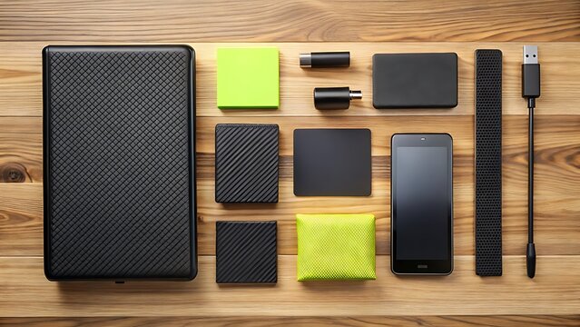 Collection of modern technology gadgets and accessories neatly arranged on a wooden surface