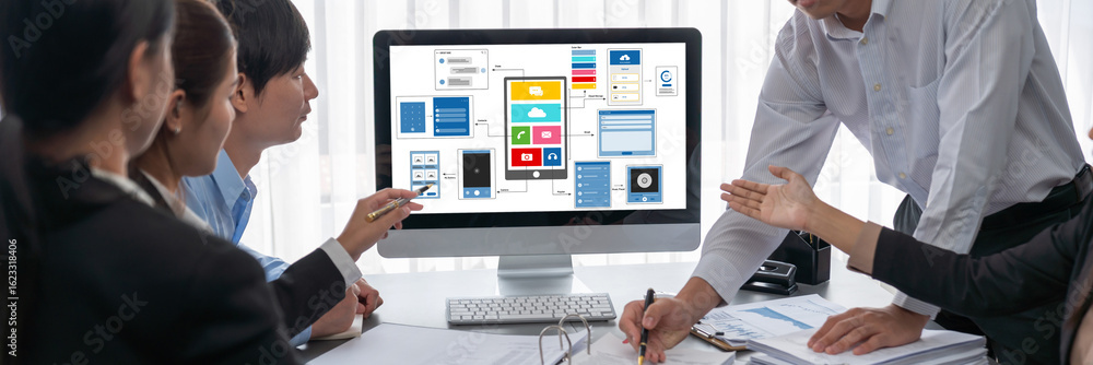 Poster business intelligence and data analysis concept. analyst team working on financial data analysis das