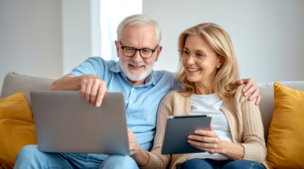 Happy romantic senior couple hugging and enjoying retirement at home. happy senior couple sitting together on a couch, using modern technology.