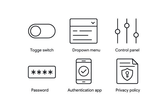 simple outline stroke icon items privacy settings (tools): toggle switch dropdown menu control panel password field authentication app privacy policy monoline icons style isolated on white