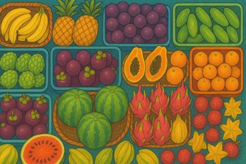 Colorful assortment of fresh tropical fruits.