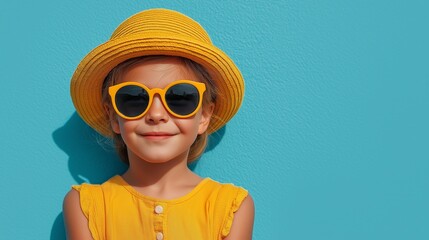 cute Caucasian girl wearing summer woven hat and sunglasses with blue plain background, summer sun safety month concept