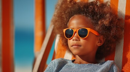 summer sun safety concept, black African girl wearing sunglasses lay in summer sunbed with ocean view and bight sunlight