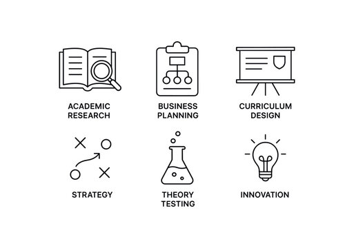 simple outline stroke icon items conceptual framework (uses): academic research business planning curriculum design simple outline stroke icon itemsategy theory testing innovation monoline