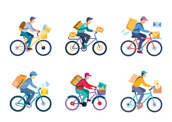 Cartoon illustration of mail carriers on bicycles delivering letters and packages
