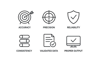 simple outline stroke icon items sensor calibration (outcomes): accuracy precision reliability consistency validated data proper output monoline icons style isolated on white background