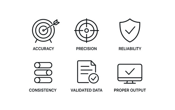 simple outline stroke icon items sensor calibration (outcomes): accuracy precision reliability consistency validated data proper output monoline icons style isolated on white background