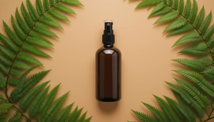 Amber Spray Bottle with Natural Green Fern Leaves on Brown Background – Organic Beauty Product Concept