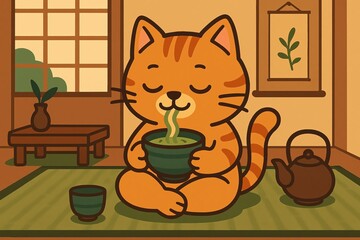 Cat enjoying a warm cup of tea indoors.
