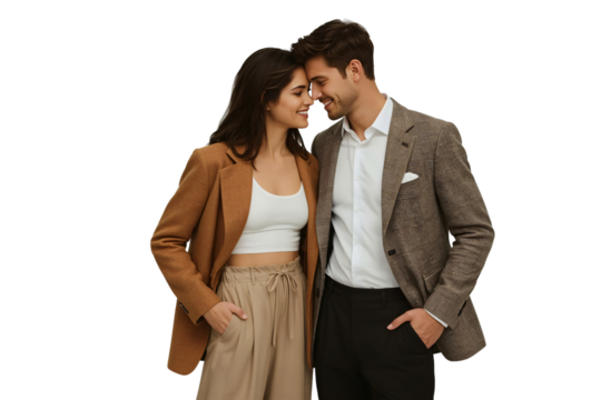 Couple lovingly embraces outdoors, city background, romantic date