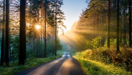 sunlight shining through the trees in a misty forest landscape with a trail and lush vegetation