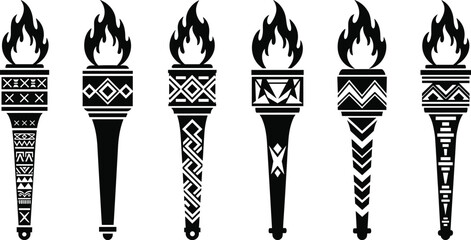 Torch silhouette bundle with tribal and geometric handle patterns, flaming black icons for tattoo design, strength, and ceremonial themes
