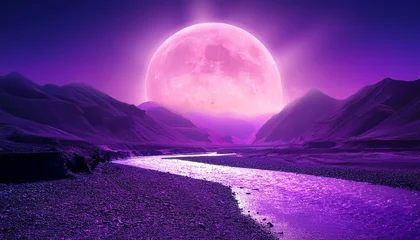 Gordijnen surreal landscape with glowing river mountains and large sun in purple tones © Elowen
